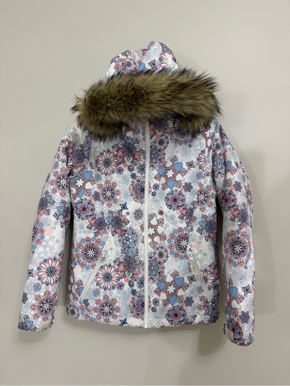 Roxy DryFlight Girls Size 12/L Hooded Faux Fur Trim Floral Insulated Ski Jacket